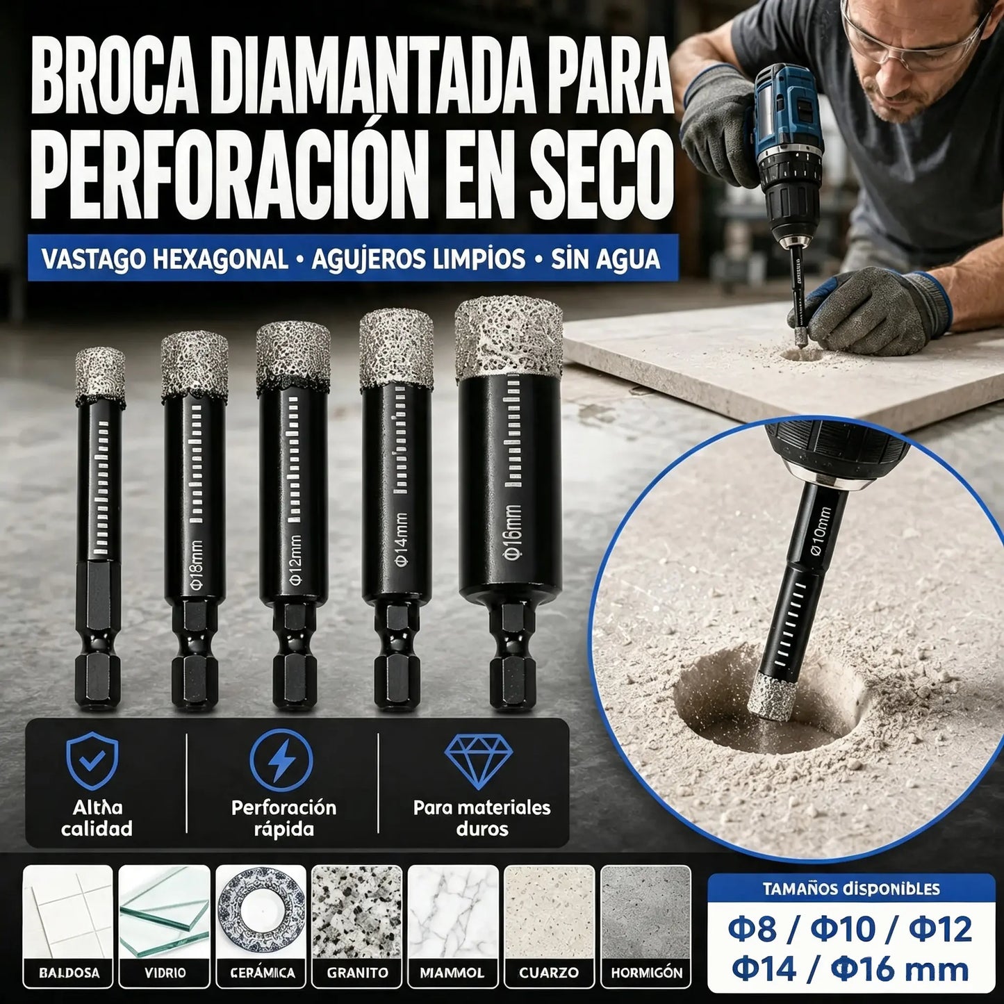 【Cabezal pulido negro de 6/8/10/12/14/16 mm】1 juego por 27 € 🔩 Juego de 6 brocas de diamante para perforaciones precisas en azulejos, cerámica y vidrio.