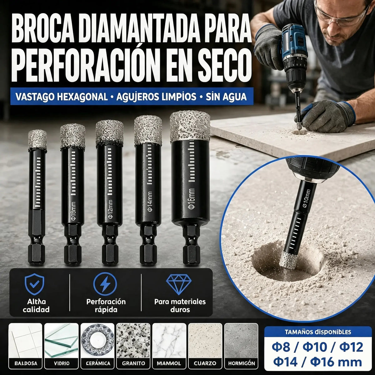 【Cabezal pulido negro de 6/8/10/12/14/16 mm】1 juego por 27 € 🔩 Juego de 6 brocas de diamante para perforaciones precisas en azulejos, cerámica y vidrio.