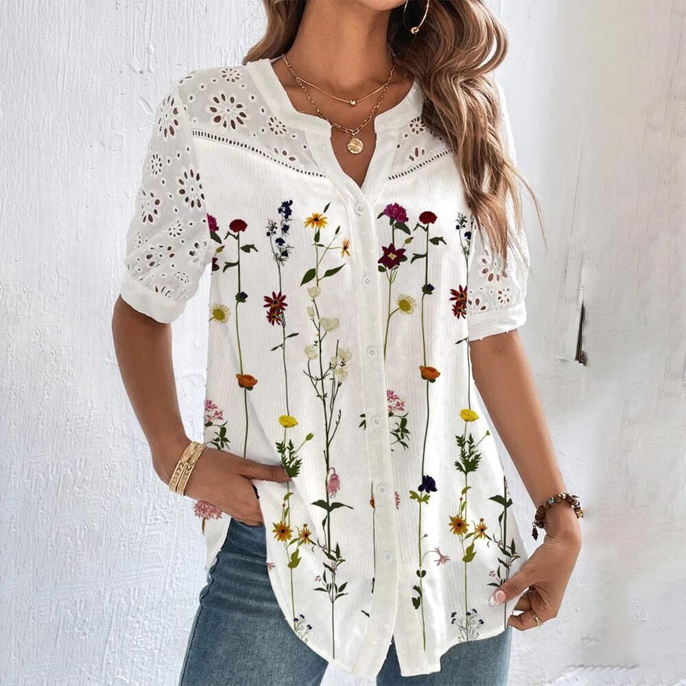 🔥✨【Cantitate limitată】【S-5XL】 Cămașă cu mânecă scurtă pentru femei cu imprimeu floral, nouă primăvară 2025, frumoasă și confortabilă