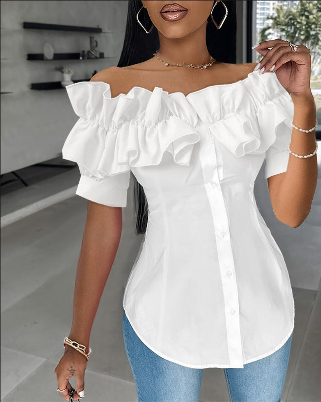 🔥【Reducere 50%】🔥【S-XXL】Bluză cu volane, fără umeri, elegantă, confortabilă și de bun gust, confortabilă și la modă