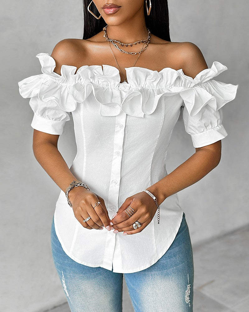 🔥【Reducere 50%】🔥【S-XXL】Bluză cu volane, fără umeri, elegantă, confortabilă și de bun gust, confortabilă și la modă