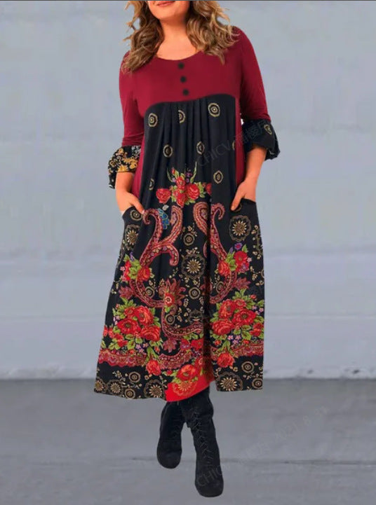 【S-5XL】👗2025 noua rochie casual cu maneca lunga cu imprimeu retro de toamna si iarna 3912323