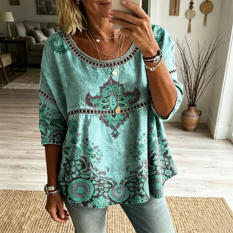 💖【S-5XL】 Exquisita blusa de manga corta con estampado de encaje calado y un estilo bohemio fluido.