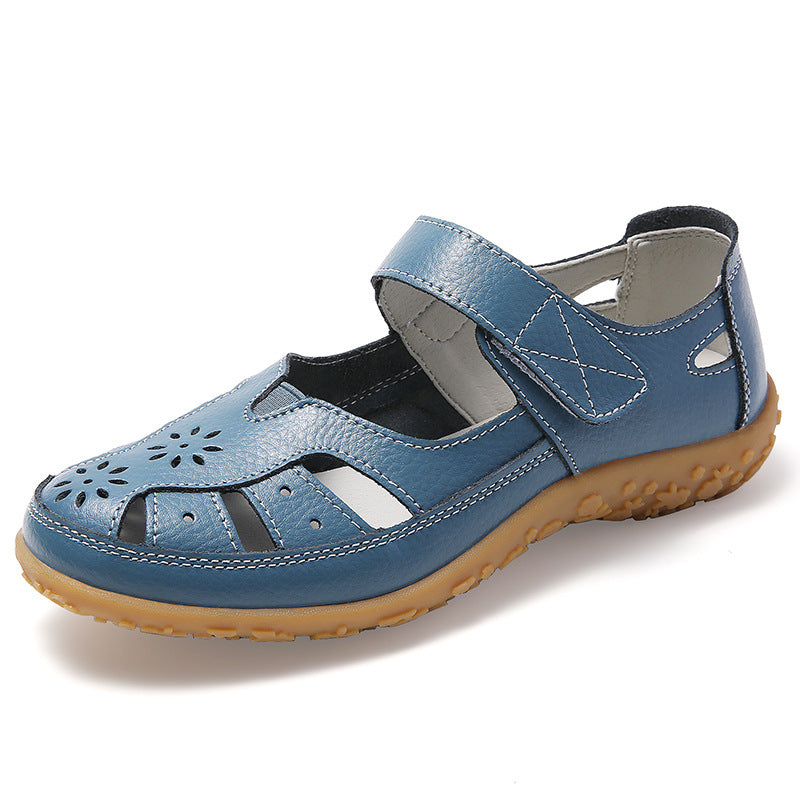 💞👡【Veľkosti 36-42】Dámske elegantné a pohodlné ploché ortopedické sandále, vyrobené z mäkkej pravej kože, pohodlné a priedušné.