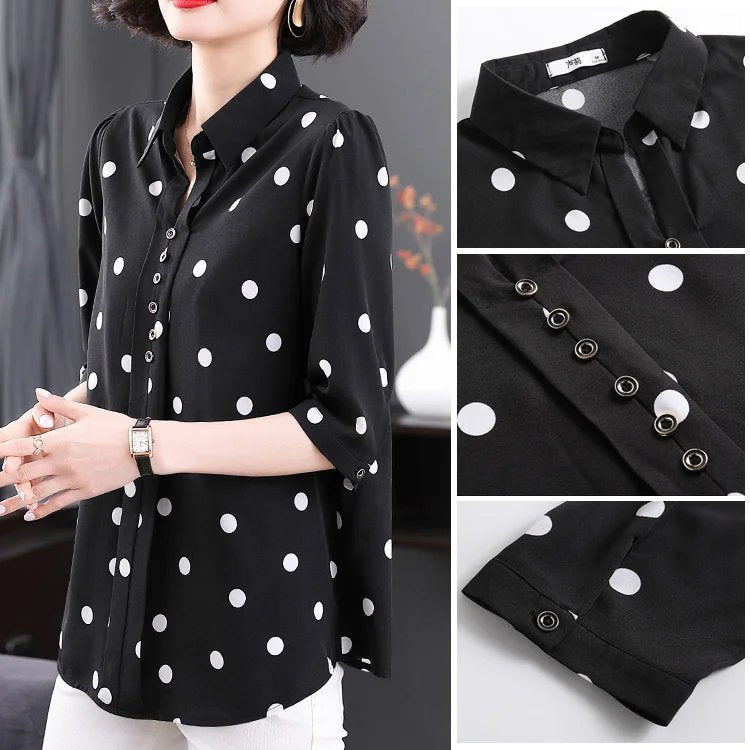 🔥✨【Cantitate limitată】🔥【M-5XL】 2025 cămașă nouă de damă cu mânecă lungă șifon și buline, la modă și versatilă