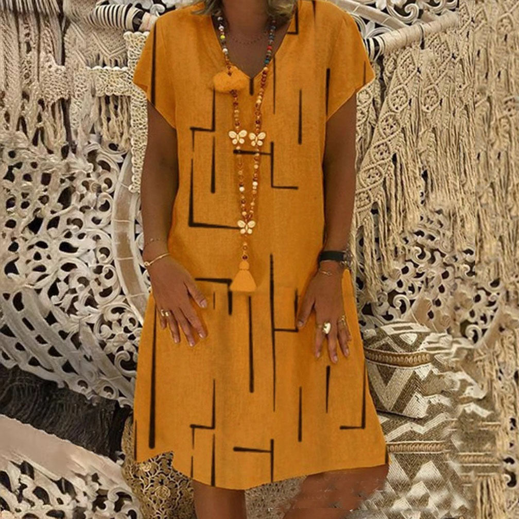 🔥✨【S-5XL】Rochie nouă din bumbac și in, cu decolteu în V, cu imprimeu ✅Prăgător cu pielea și moale✅La modă și casuale