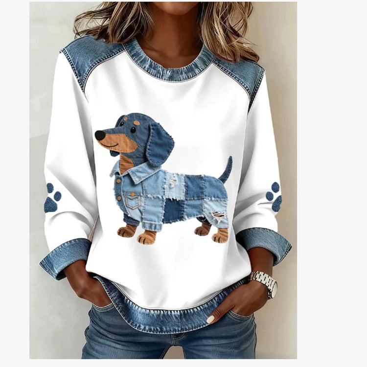 🔥【Vremenski ograničena ponuda】【S-5XL】Nova ženska modna traper majica s patchwork uzorkom, okrugli izrez i dugi rukavi s printom