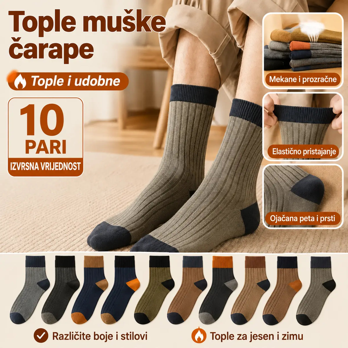 【10 pari】【38-47】Nove muške pletene tople čarape s retro blokovima boja