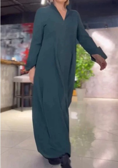 🔥【S-3XL】Rochie ocazională de primăvară și vară, cu mâneci lungi, cu decolteu în V, de culoare uni