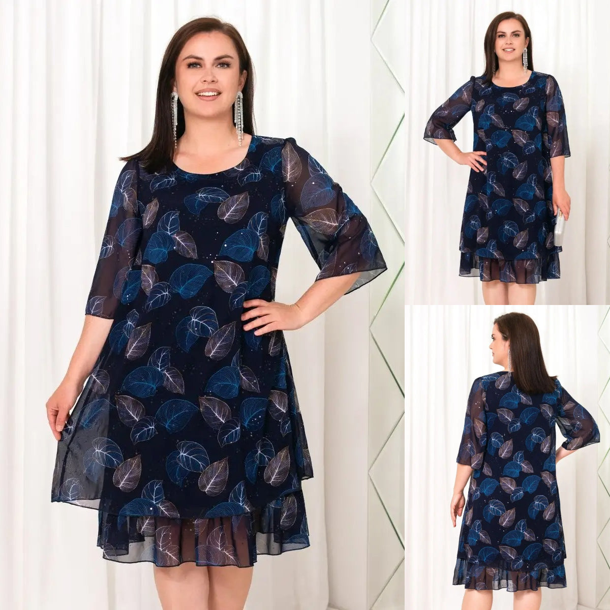 【🏆️Reducere 50%】✨️【S-5XL】👗Rochie elegantă nouă, cu mâneci volane, imprimeu din plasă cu sclipici