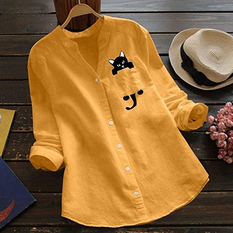 ✨🌿【Nou de primăvară🔥】【S-3XL】 Cămașă din bumbac cu decolteu în V, cu mânecă lungă, cu imprimeu de pisici, noua modă de primăvară 2025