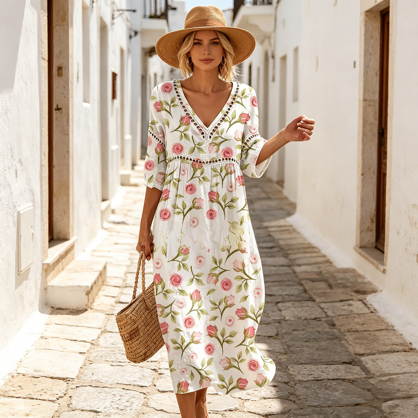 👗【S-3XL】Vestido largo de algodón y lino con estampado floral, estilo veraniego, escote en V