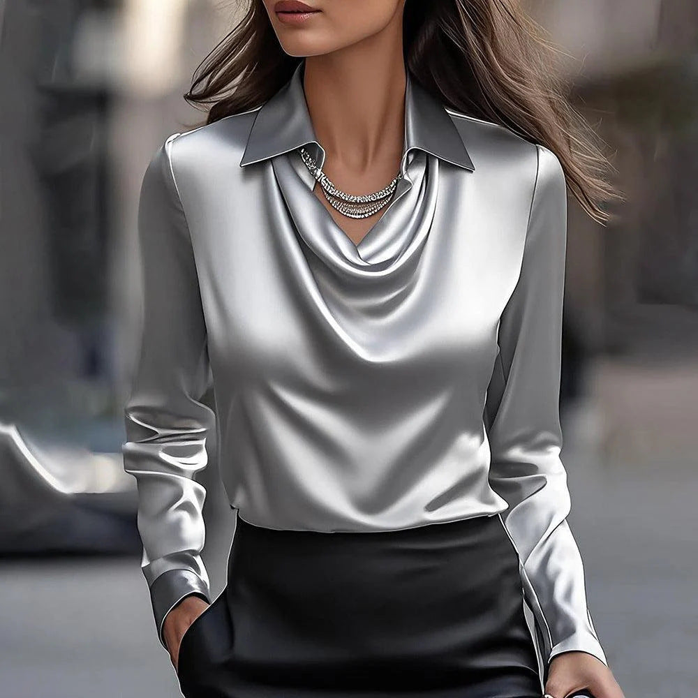 🔥【Noutăți de toamnă】✨Cămașă de damă cu rever imprimat în culoare solidă