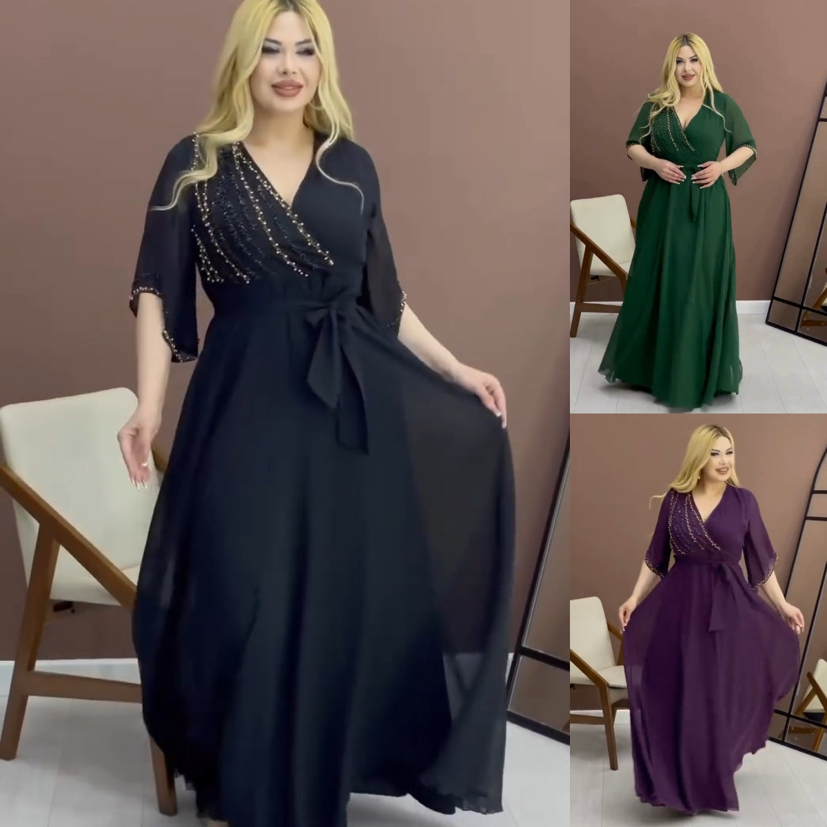 🔥✨【Vânzare fierbinte🔥】【S-5XL】 Rochie de înaltă calitate cu decolteu în V, la modă și elegantă, în stil nou 2025