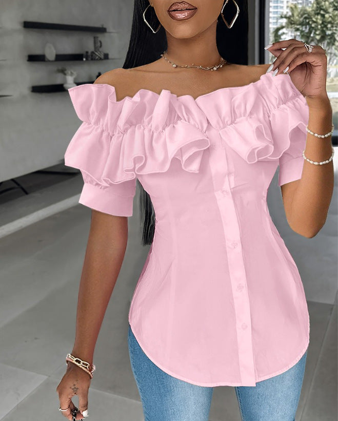 🔥【Reducere 50%】🔥【S-XXL】Bluză cu volane, fără umeri, elegantă, confortabilă și de bun gust, confortabilă și la modă