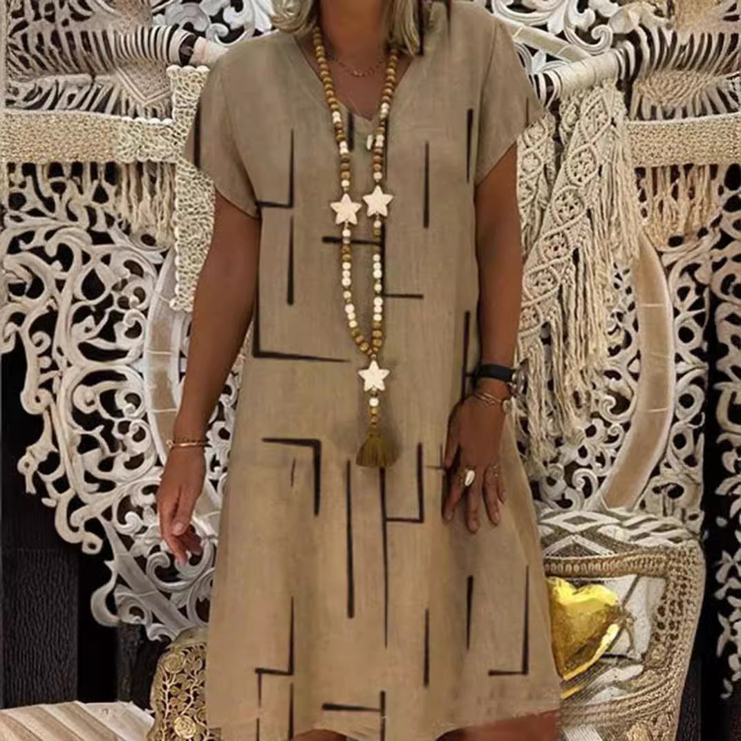 🔥✨【S-5XL】Rochie nouă din bumbac și in, cu decolteu în V, cu imprimeu ✅Prăgător cu pielea și moale✅La modă și casuale