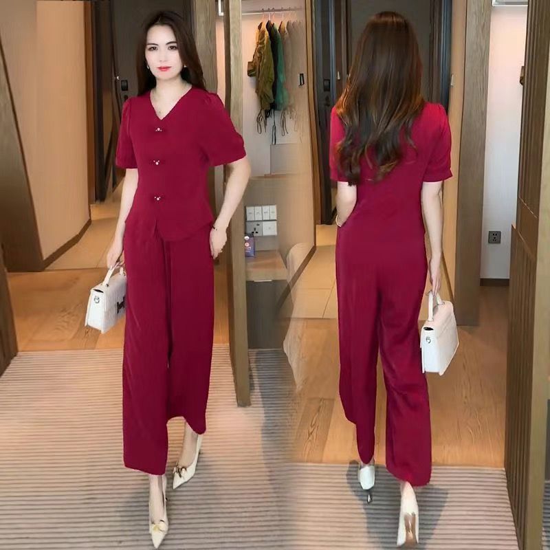 🌸【Top + pantaloni cu picioare largi】Costum de mătase de gheață la modă