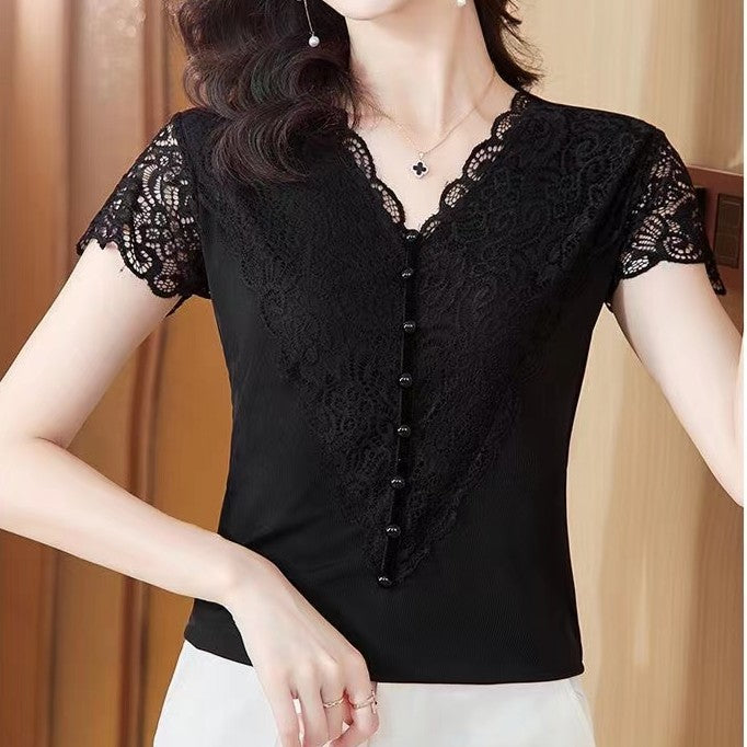 ✨🎉【Promoție de produse noi】【S-5XL】Mânecă scurtă din dantelă cu decolteu în V, la modă nouă, vara 2025