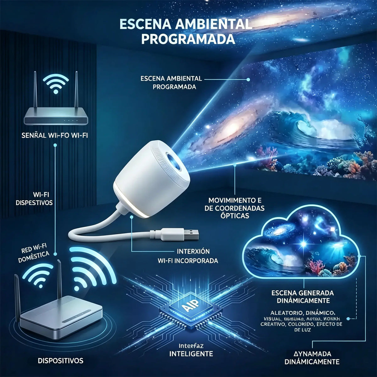 💡Proyección inteligente de nueva generación: proyección holográfica dinámica e inteligente en 5D y alta definición.