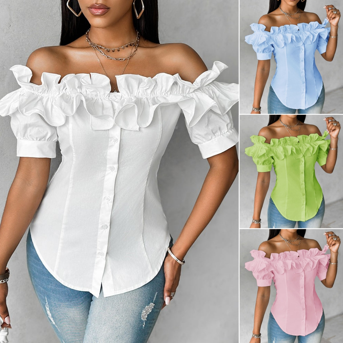 🔥【Reducere 50%】🔥【S-XXL】Bluză cu volane, fără umeri, elegantă, confortabilă și de bun gust, confortabilă și la modă