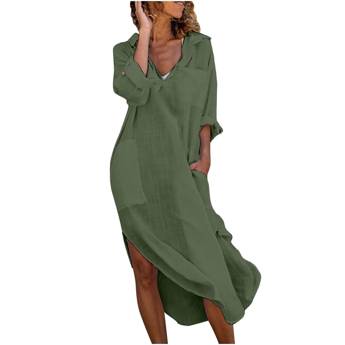 🔥【Rabat 50%】✨【S-2XL】Długa koszulowa sukienka damska z bawełny i lnu