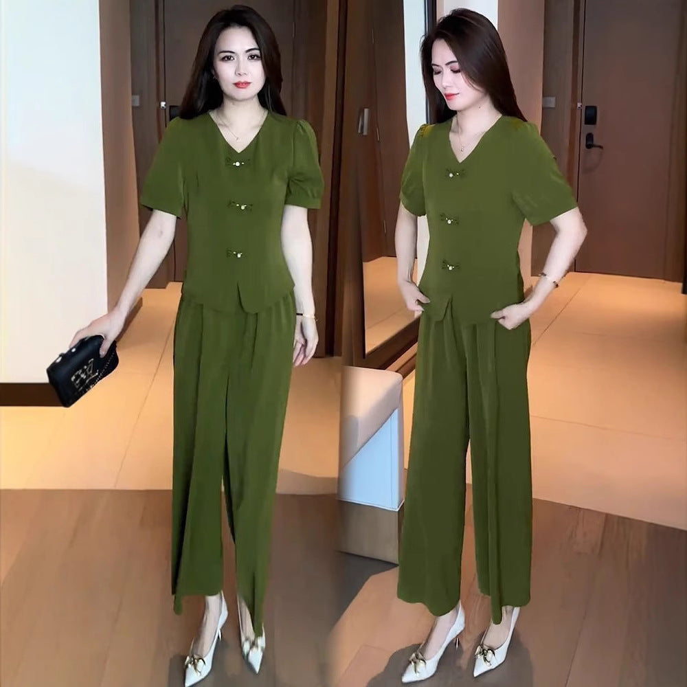 🌸【Top + pantaloni cu picioare largi】Costum de mătase de gheață la modă