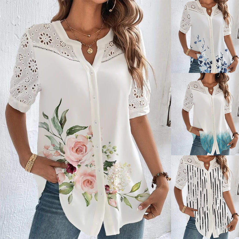 🔥✨【Cantitate limitată】【S-5XL】 Cămașă cu mânecă scurtă pentru femei cu imprimeu floral, nouă primăvară 2025, frumoasă și confortabilă