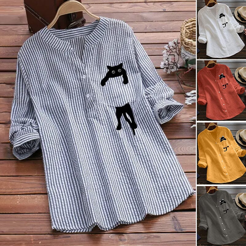 ✨🌿【Nou de primăvară🔥】【S-3XL】 Cămașă din bumbac cu decolteu în V, cu mânecă lungă, cu imprimeu de pisici, noua modă de primăvară 2025