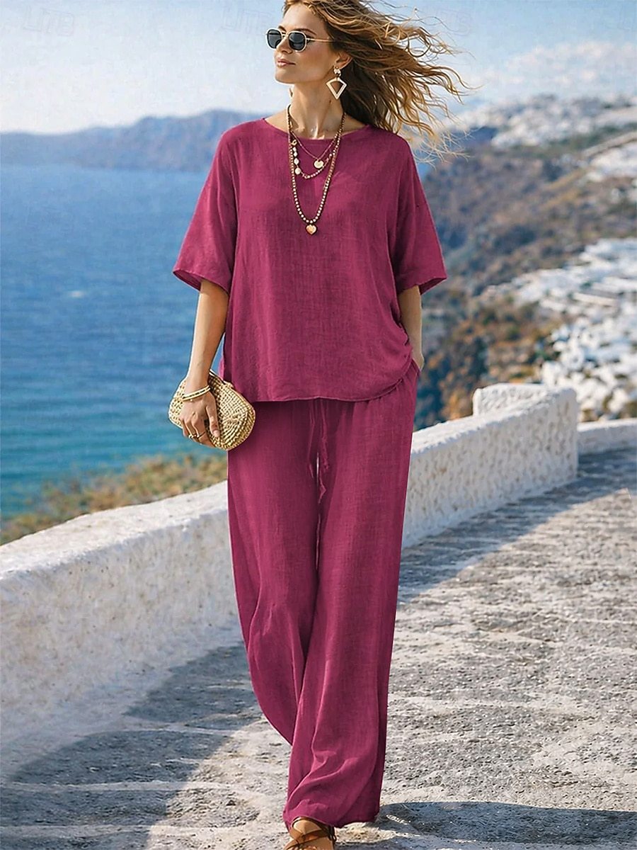 🌸【S-4XL】Ljetni ležerni set s džepovima i vezicom za 2026.: Top s okruglim izrezom + Hlače širokih nogavica