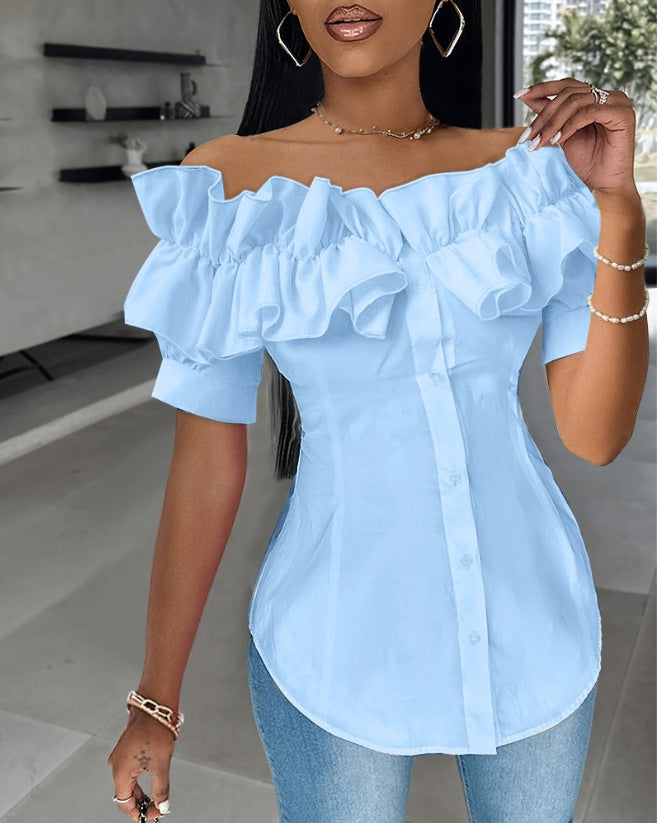 🔥【Reducere 50%】🔥【S-XXL】Bluză cu volane, fără umeri, elegantă, confortabilă și de bun gust, confortabilă și la modă
