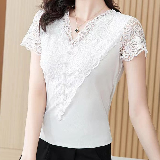 ✨🎉【Promoție de produse noi】【S-5XL】Mânecă scurtă din dantelă cu decolteu în V, la modă nouă, vara 2025