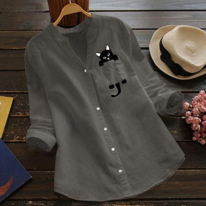 ✨🌿【Nou de primăvară🔥】【S-3XL】 Cămașă din bumbac cu decolteu în V, cu mânecă lungă, cu imprimeu de pisici, noua modă de primăvară 2025