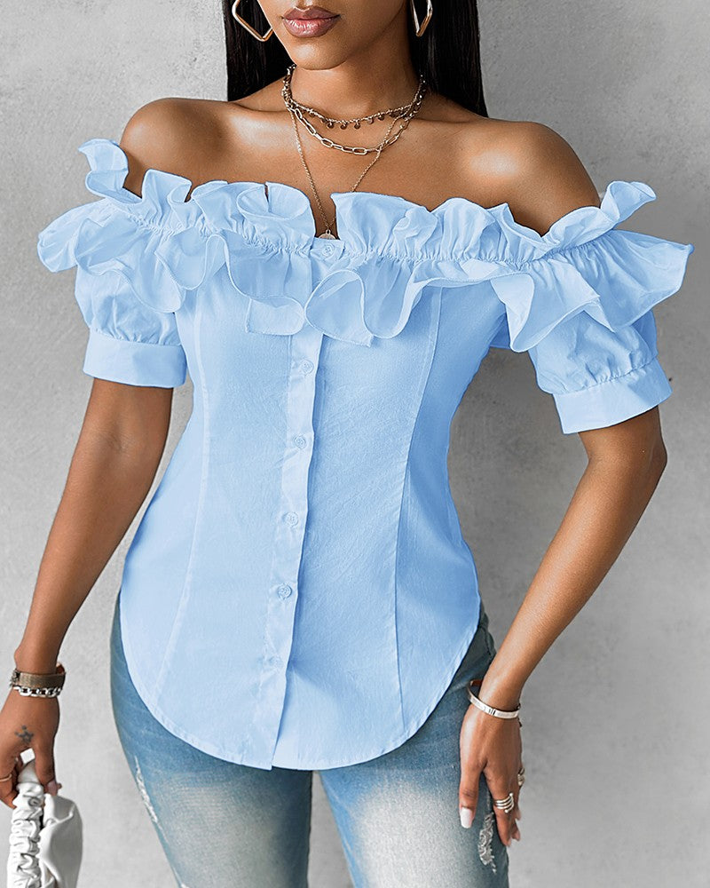 🔥【Reducere 50%】🔥【S-XXL】Bluză cu volane, fără umeri, elegantă, confortabilă și de bun gust, confortabilă și la modă