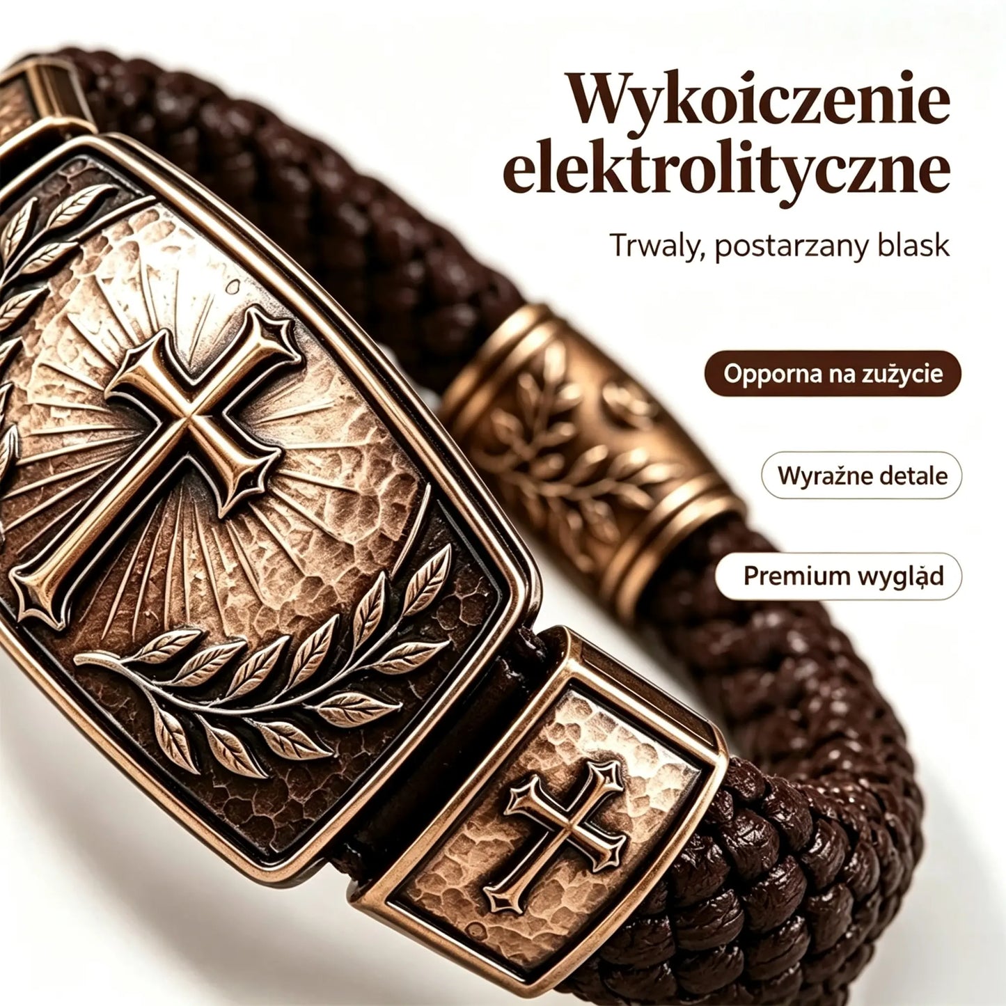 🎁Męska pleciona bransoletka skórzana z krzyżem i gałązką oliwną, vintage metal, wyjątkowy prezent