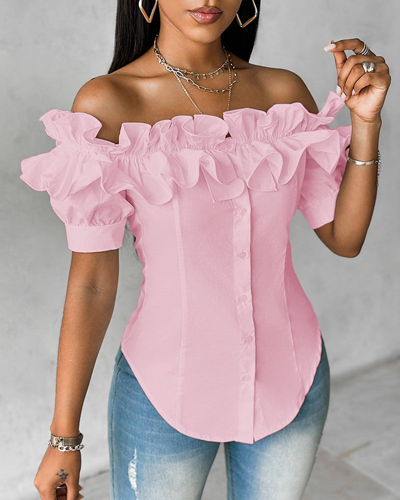 🔥【Reducere 50%】🔥【S-XXL】Bluză cu volane, fără umeri, elegantă, confortabilă și de bun gust, confortabilă și la modă