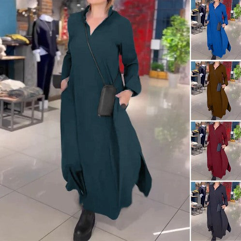 🔥【S-3XL】Rochie ocazională de primăvară și vară, cu mâneci lungi, cu decolteu în V, de culoare uni