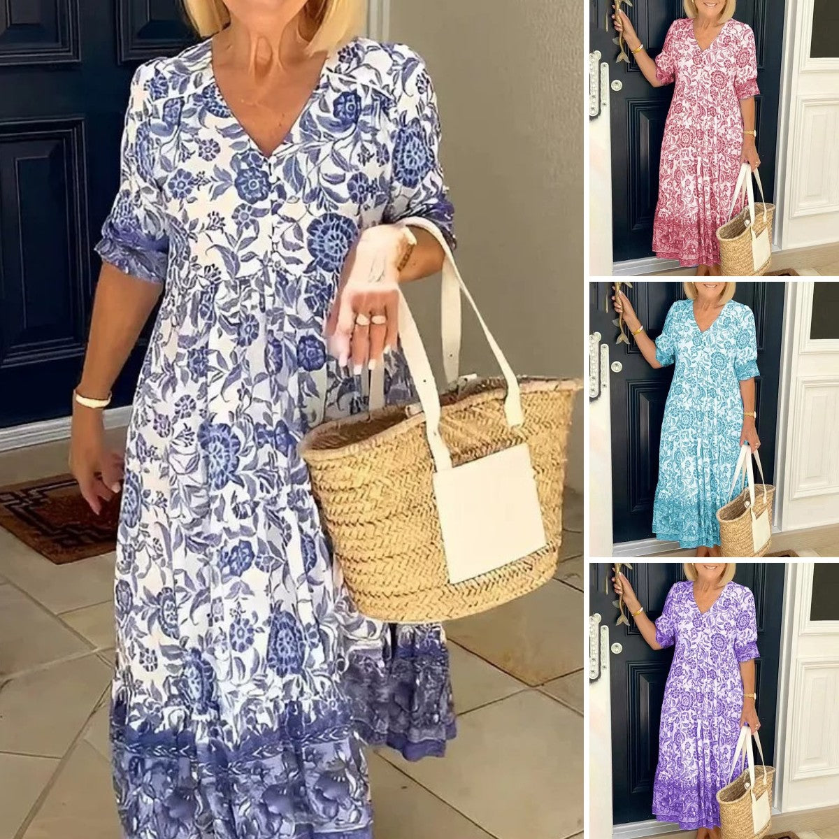 🔥【S-5XL】2025 Rochie cu flori elegantă în stil nou, cu gât lung