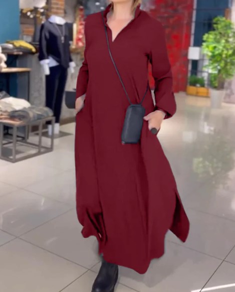 🔥【S-3XL】Rochie ocazională de primăvară și vară, cu mâneci lungi, cu decolteu în V, de culoare uni