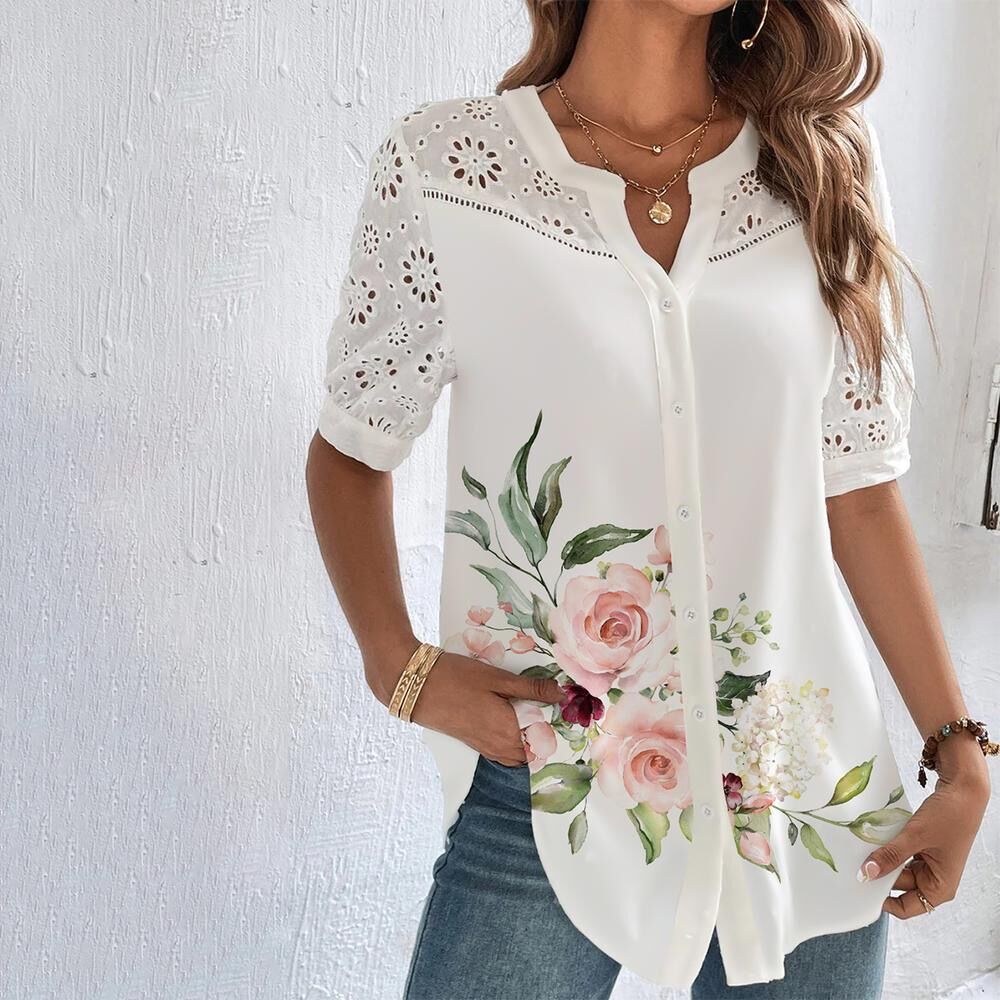 🔥✨【Cantitate limitată】【S-5XL】 Cămașă cu mânecă scurtă pentru femei cu imprimeu floral, nouă primăvară 2025, frumoasă și confortabilă