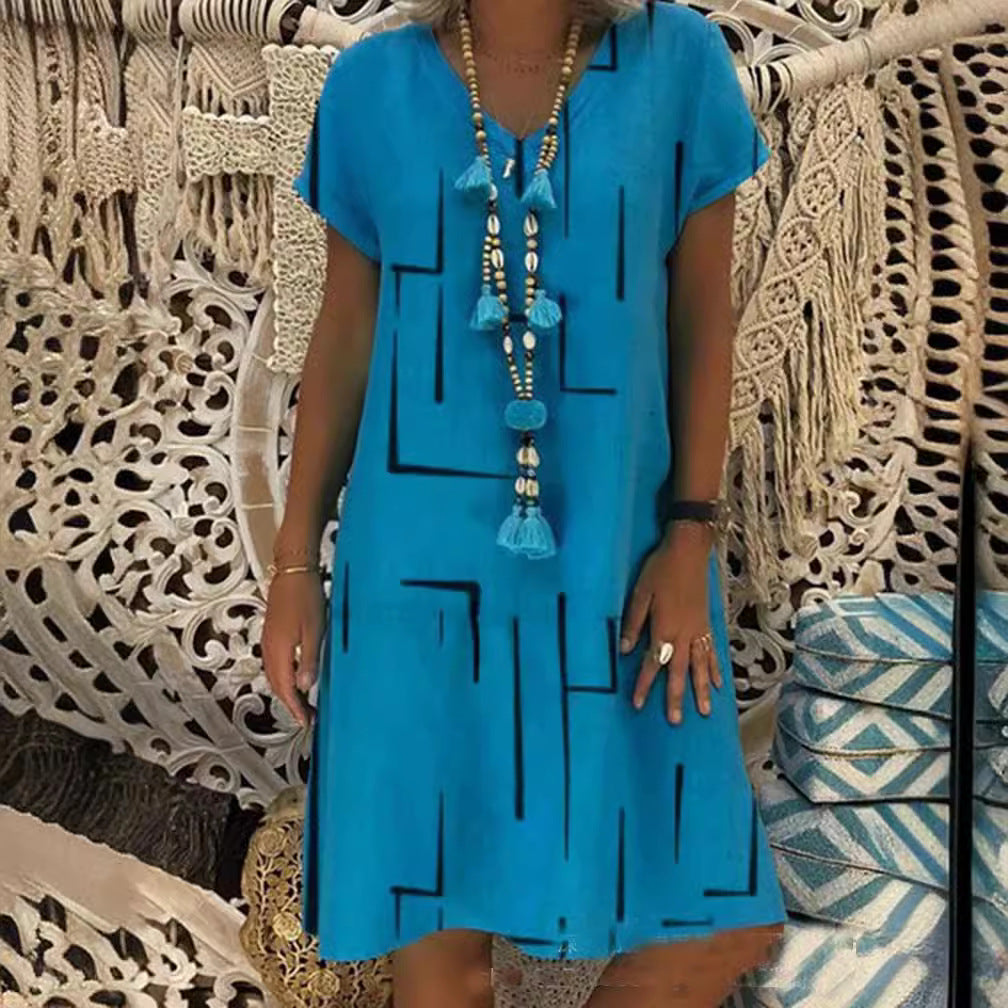 🔥✨【S-5XL】Rochie nouă din bumbac și in, cu decolteu în V, cu imprimeu ✅Prăgător cu pielea și moale✅La modă și casuale