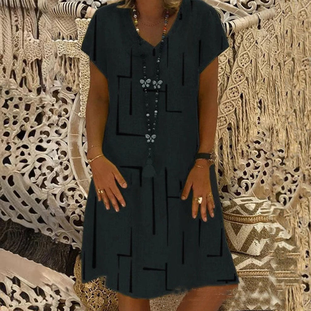 🔥✨【S-5XL】Rochie nouă din bumbac și in, cu decolteu în V, cu imprimeu ✅Prăgător cu pielea și moale✅La modă și casuale