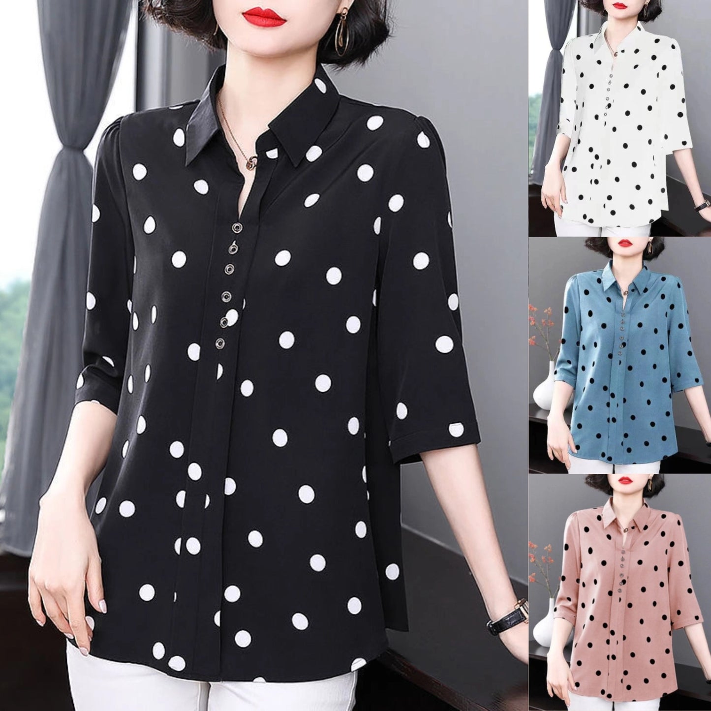 🔥✨【Cantitate limitată】🔥【M-5XL】 2025 cămașă nouă de damă cu mânecă lungă șifon și buline, la modă și versatilă