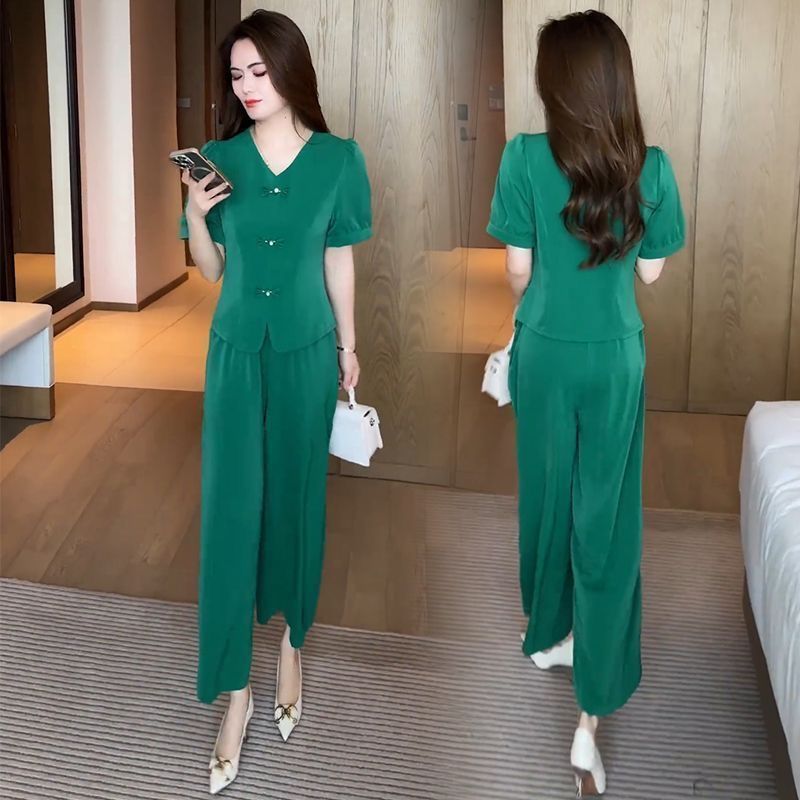🌸【Top + pantaloni cu picioare largi】Costum de mătase de gheață la modă