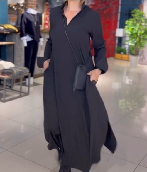 🔥【S-3XL】Rochie ocazională de primăvară și vară, cu mâneci lungi, cu decolteu în V, de culoare uni