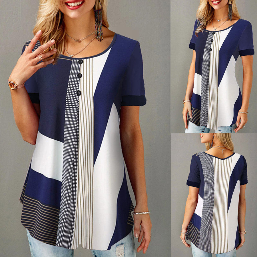 🔥✨【Reducere fierbinte🔥】【S-5XL】🌺🌺 2025 New Fashion pentru femei cu imprimeu în dungi Tricou cu gât rotund