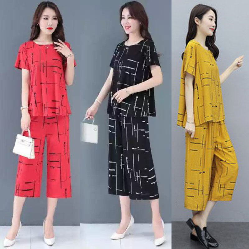 🔥【50% OFF】【Top + Pantaloni】🔥Costum de femeie cu mânecă scurtă, stil nou 2025, lejer, pentru femei de vârstă mijlocie și în vârstă