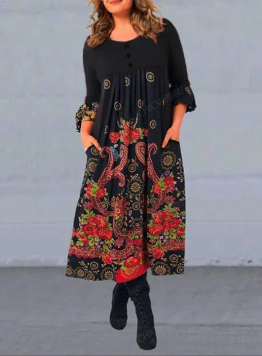 【S-5XL】👗2025 noua rochie casual cu maneca lunga cu imprimeu retro de toamna si iarna 3912323