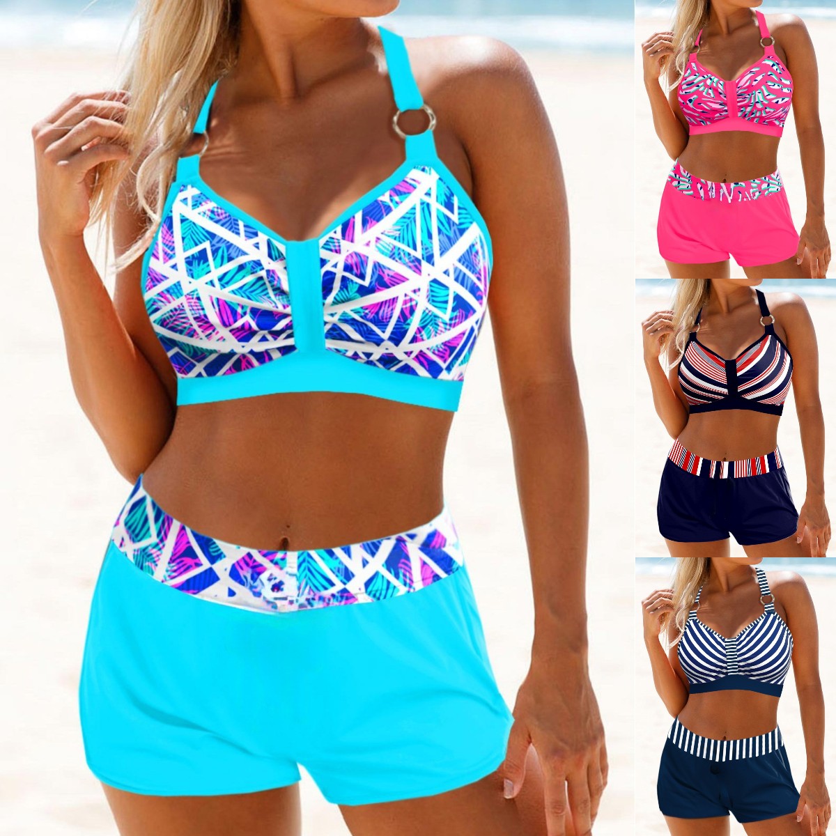【🔥Reducere fierbinte🔥】👙 Bikini Sexy Plus Size ✅Imprimeu cu dungi multicolore ✅Costum de baie divizat