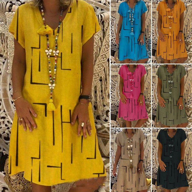 🔥✨【S-5XL】Rochie nouă din bumbac și in, cu decolteu în V, cu imprimeu ✅Prăgător cu pielea și moale✅La modă și casuale