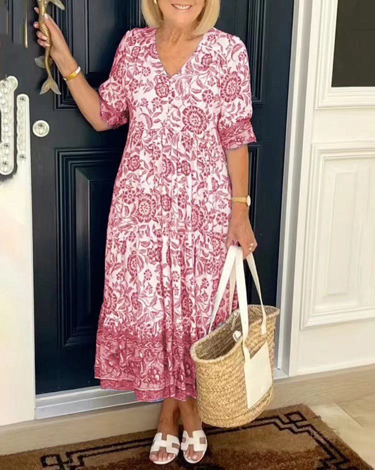 🔥【S-5XL】2025 Rochie cu flori elegantă în stil nou, cu gât lung